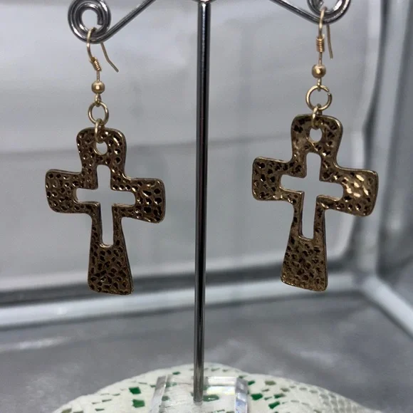 Hammered Gold Cross Earrings - Picture 2 of 3